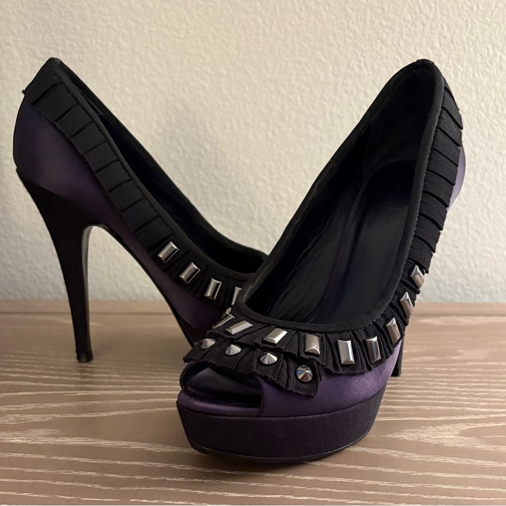 Tory Burch 'Erinn' Navy/Black Satin Peep Toe Platform Embellished Pump sz 6.5
